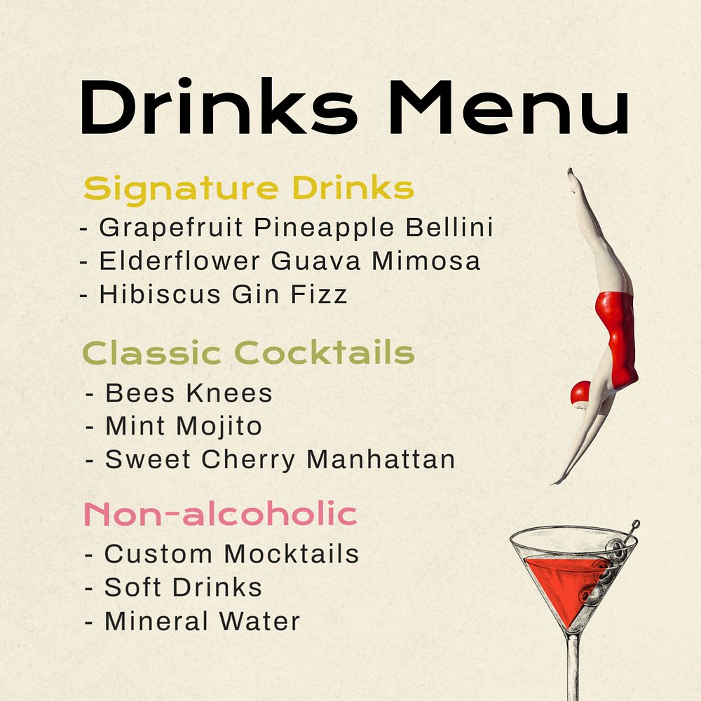 Drinks menu Instagram post template, editable text