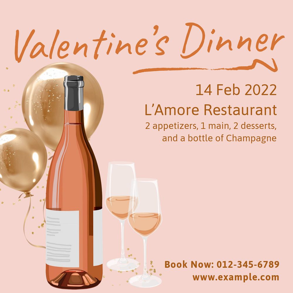 Valentine’s dinner Instagram post template, editable text