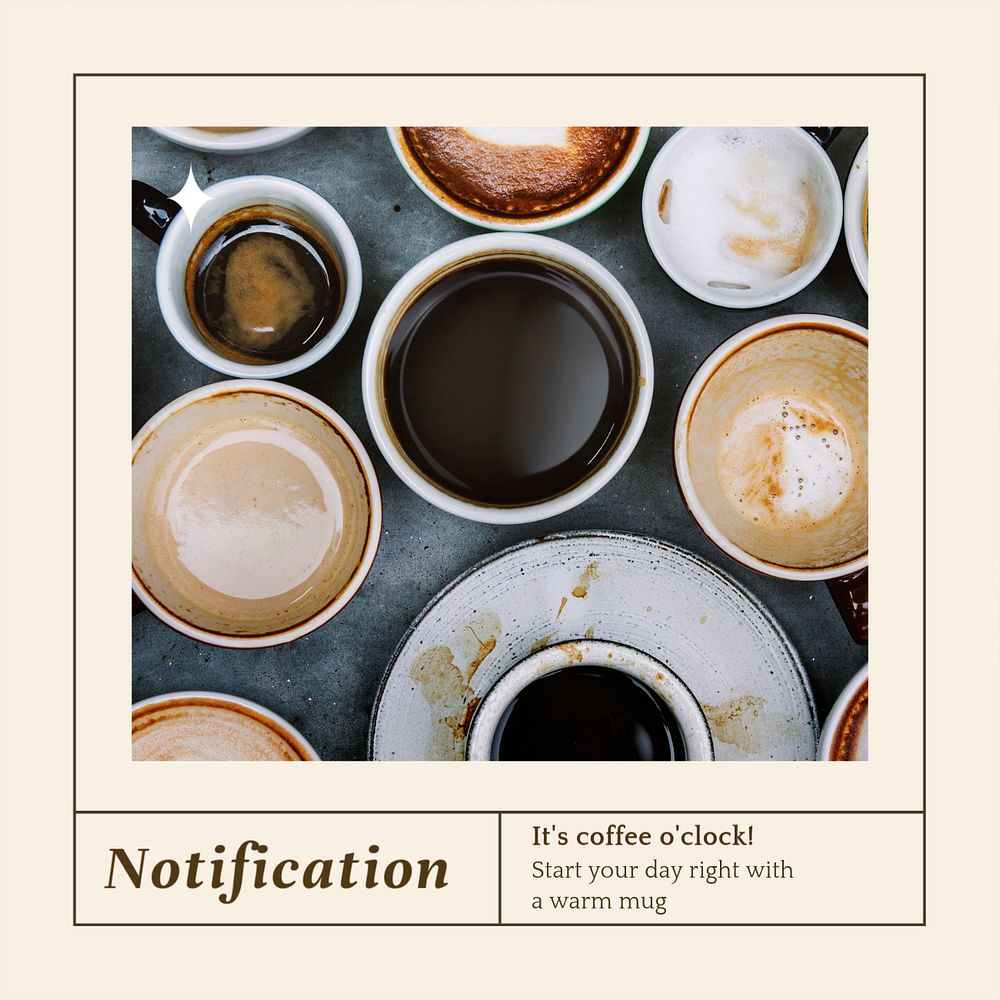 Morning coffee notification Instagram post template, editable text