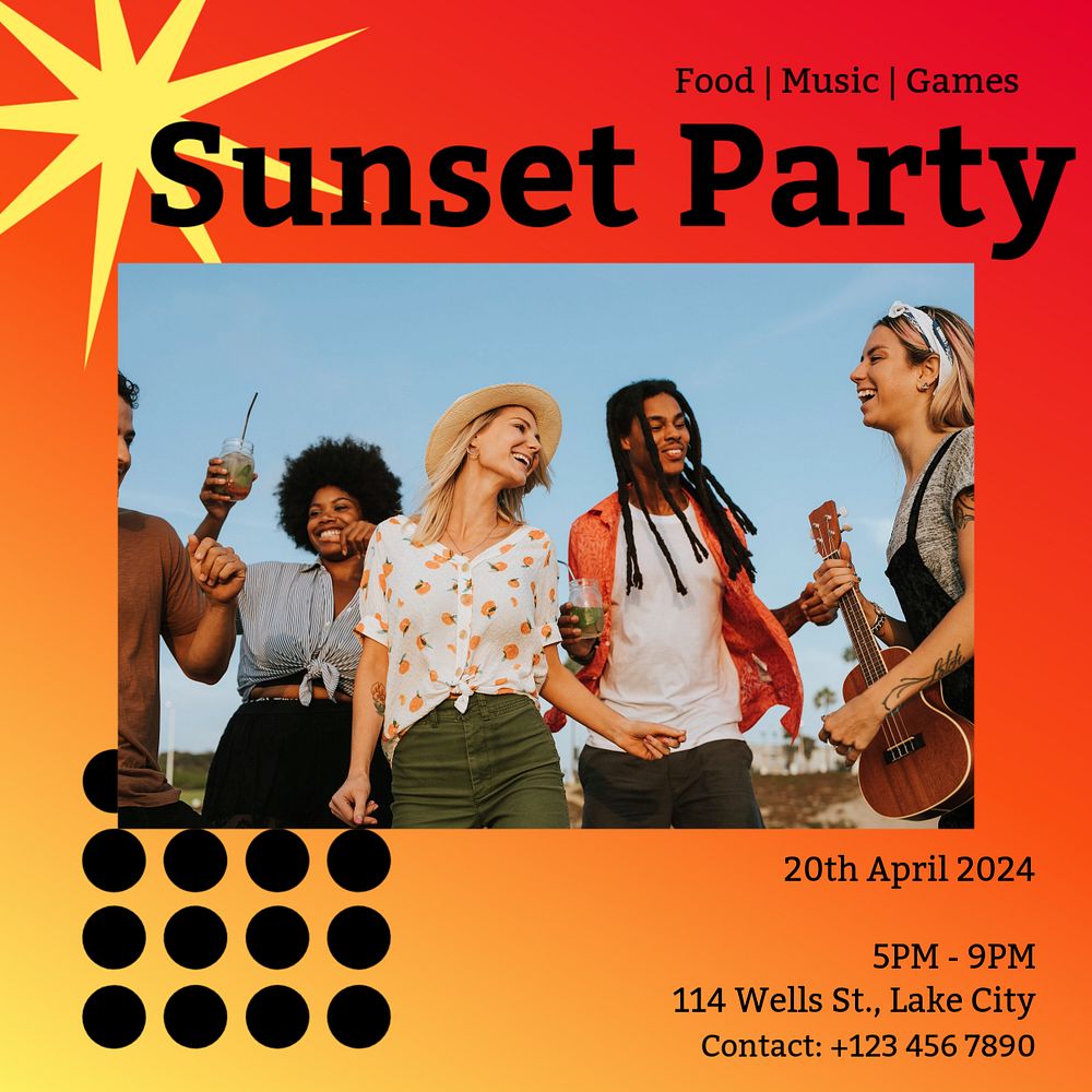 Sunset party Instagram post template, editable text