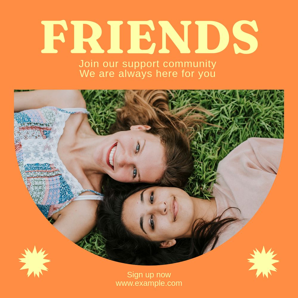 Friends, support community Instagram post template, editable text