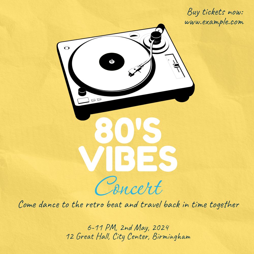 80's vibes concert Instagram post template, editable text