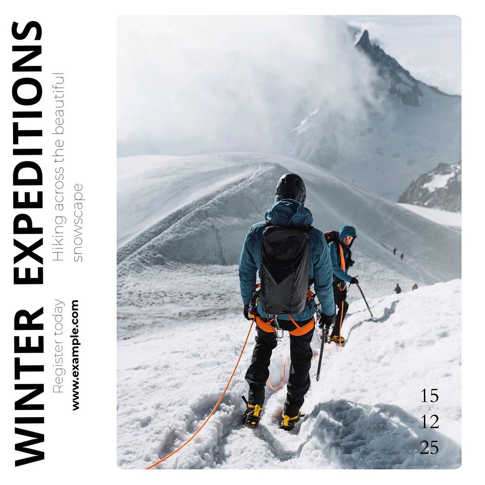 Winter hiking trip Instagram post template, editable text