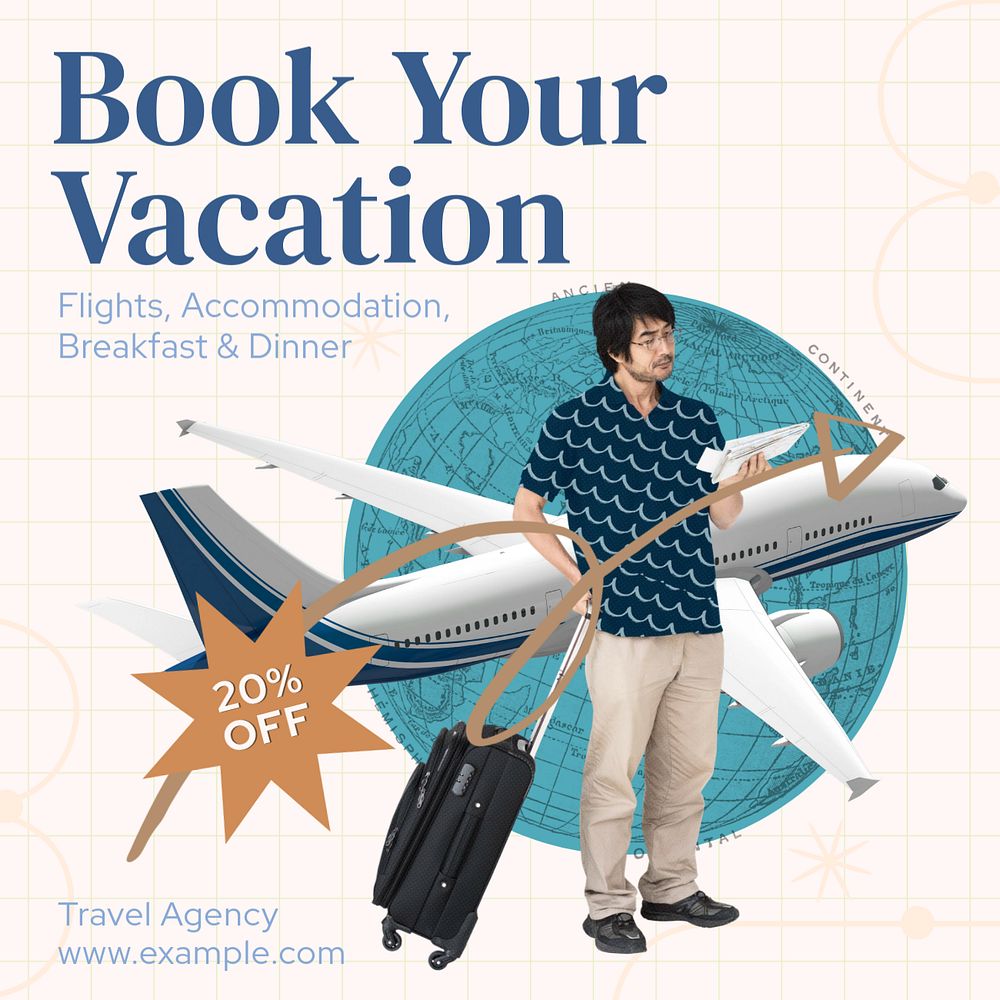 Book your vacation Instagram post template, editable text