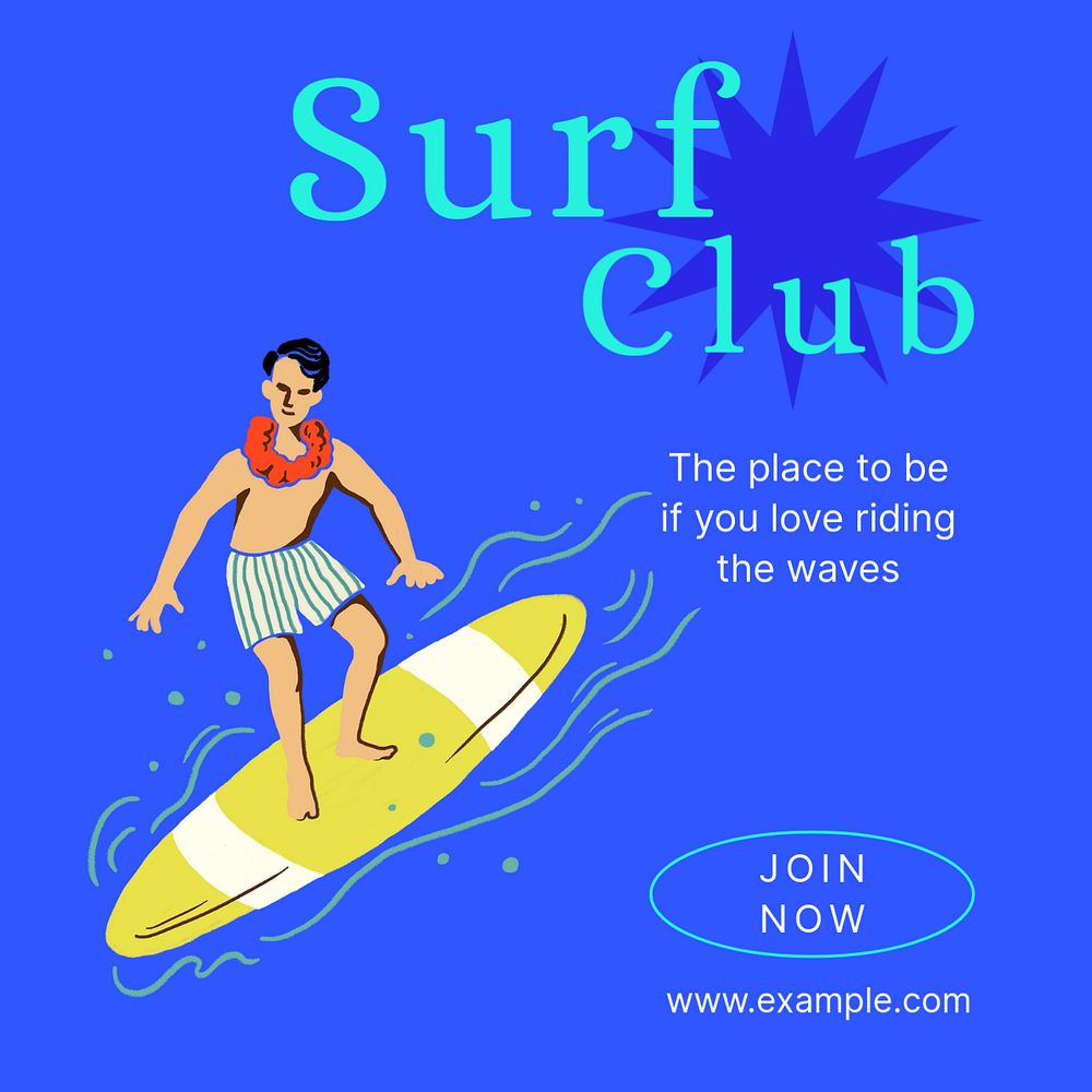 Surfing club Instagram post template, editable text