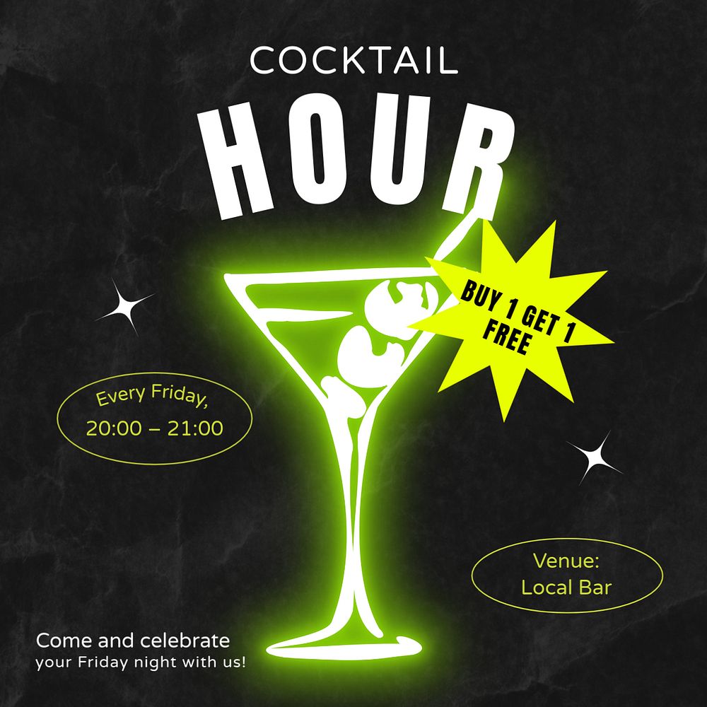 Cocktail hour Instagram post template, editable text