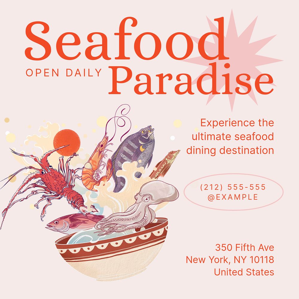 Seafood restaurant fish Instagram post template, editable text