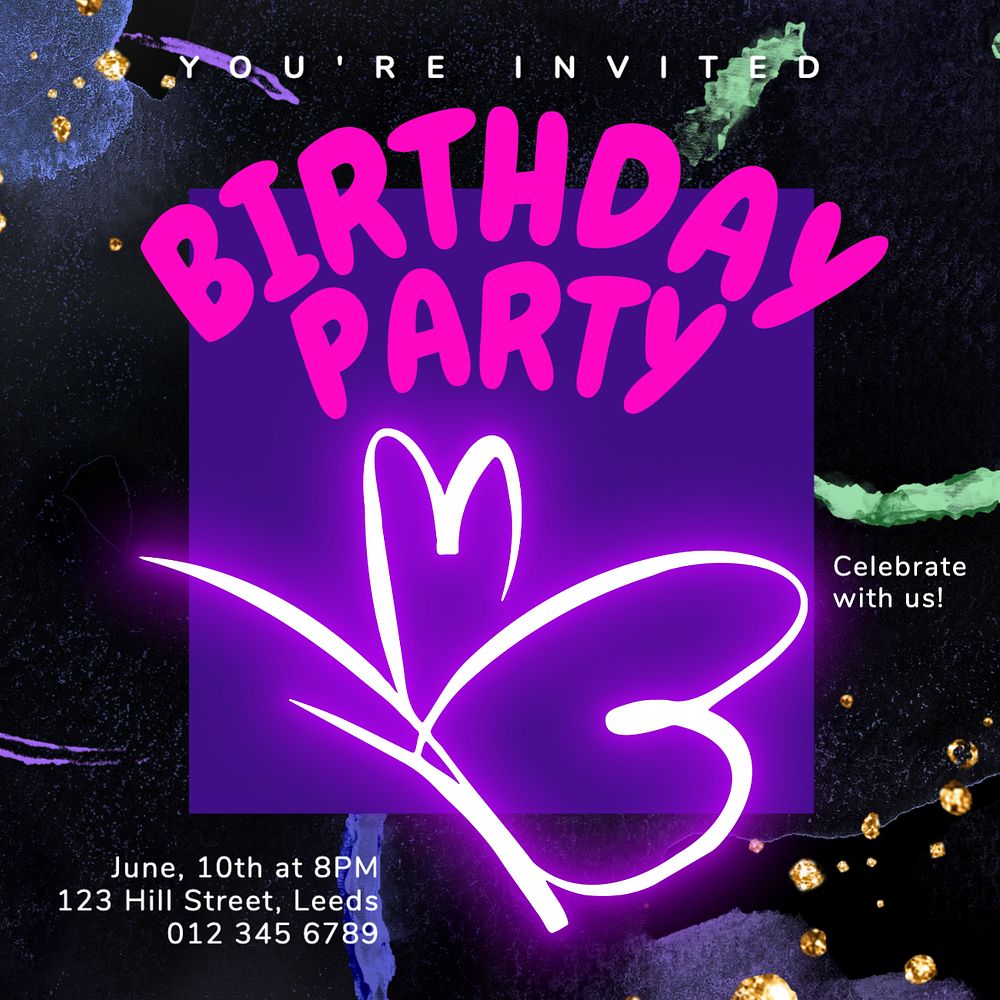 Birthday party Instagram post template, editable text