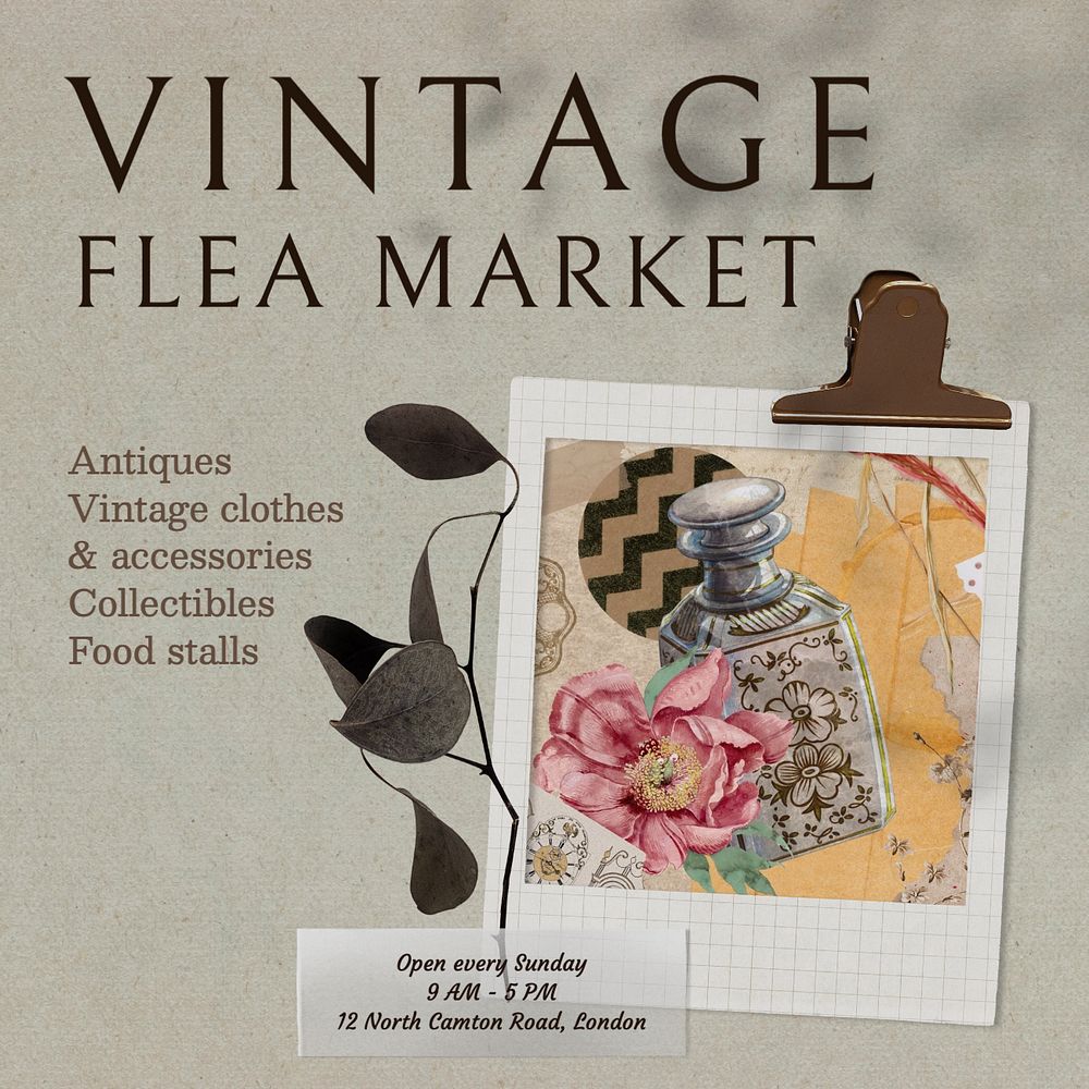 Vintage flea market Instagram post template, editable text