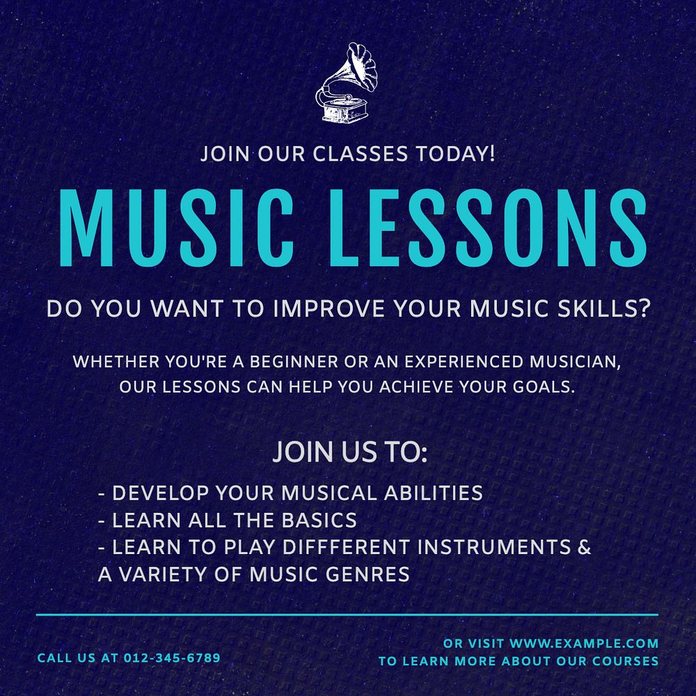 Music lessons Instagram post template, editable text