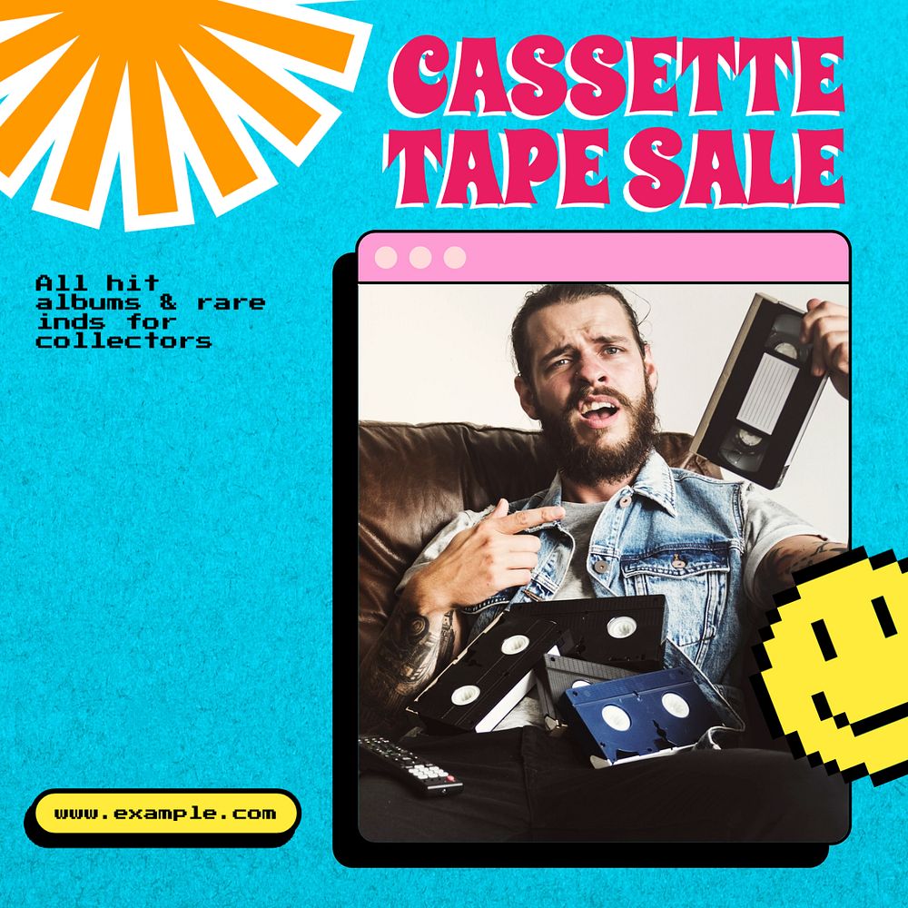 Cassette tape sale Instagram post template, editable text