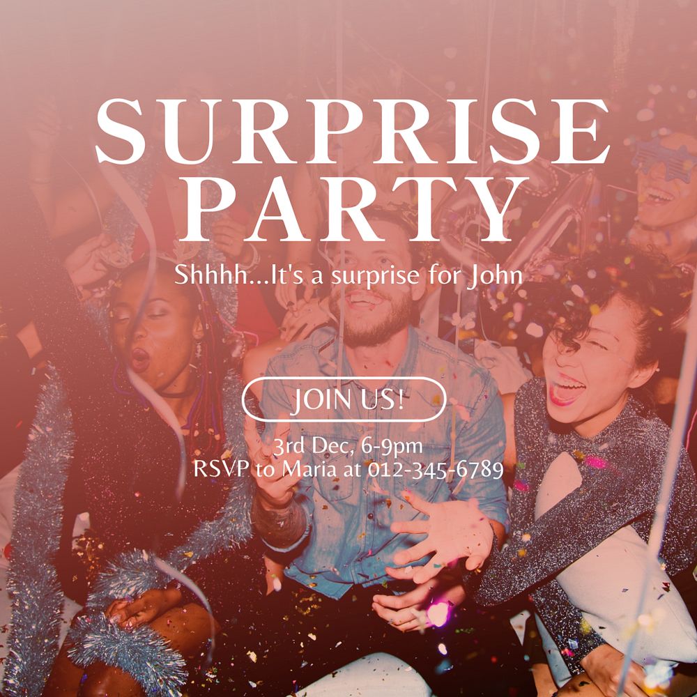 Surprise party Instagram post template, editable text