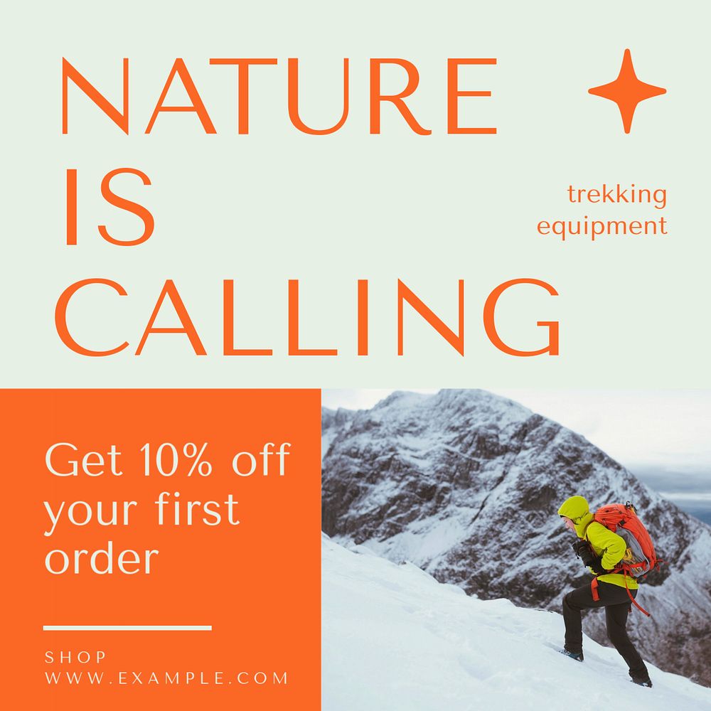 Trekking equipment sale Instagram post template, editable text