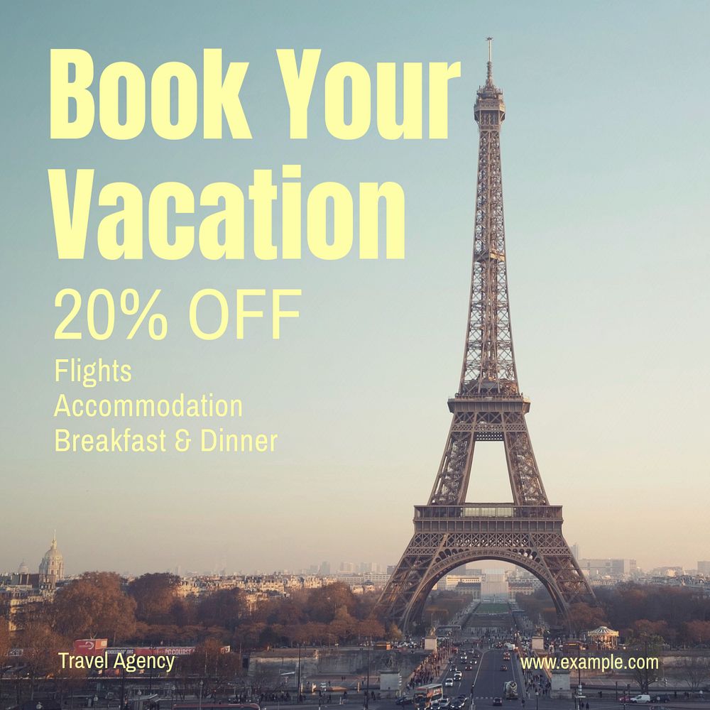 Book your vacation Instagram post template, editable text