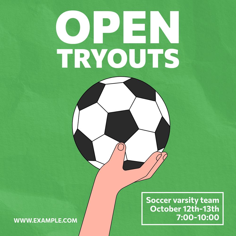 Soccer team tryout Instagram post template, editable text