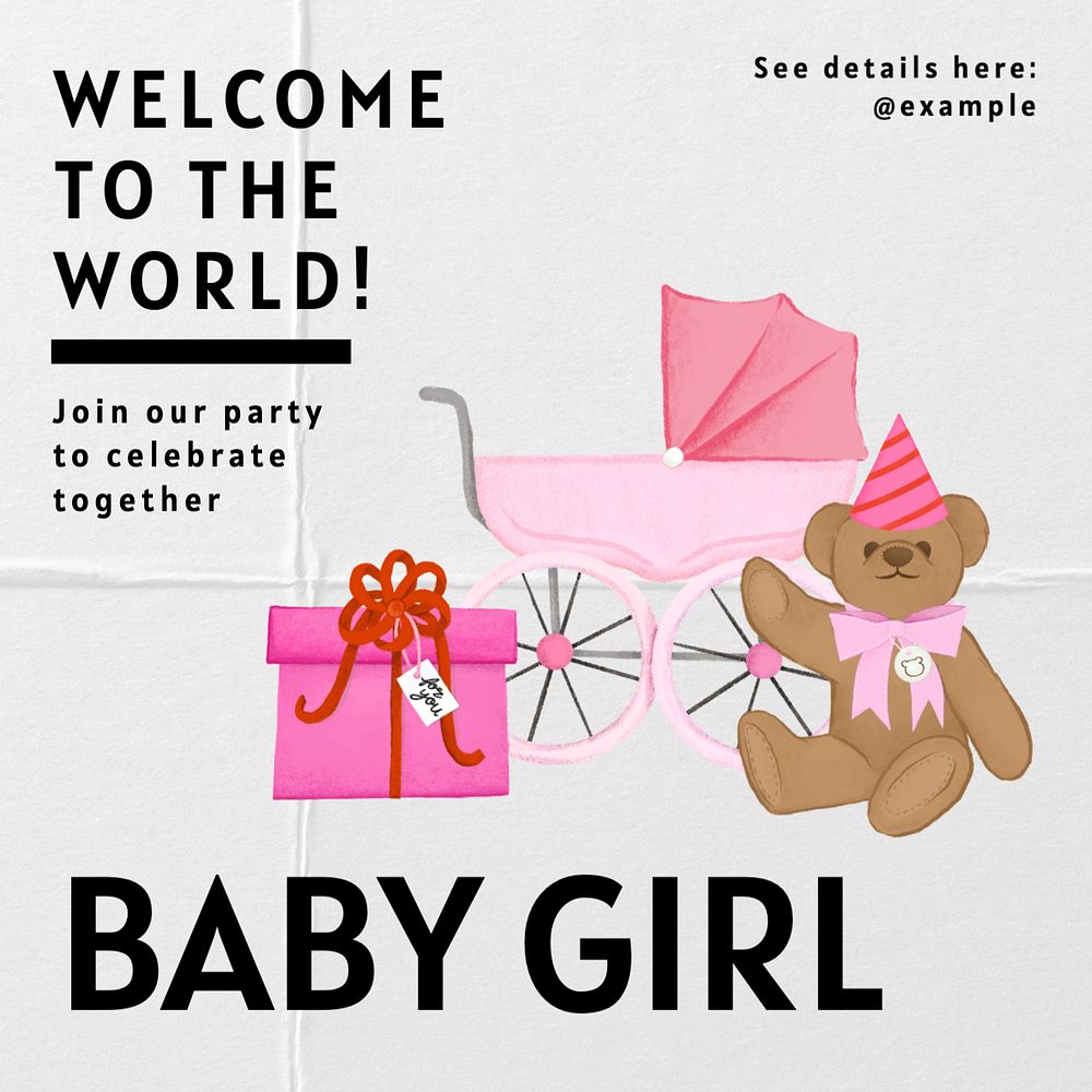 Baby girl party Instagram post template, editable text