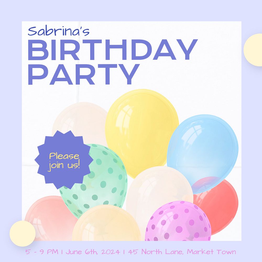 Birthday party Instagram post template, editable text