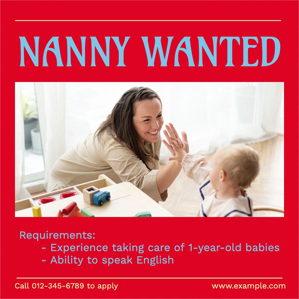 Nanny wanted Instagram post template, editable text