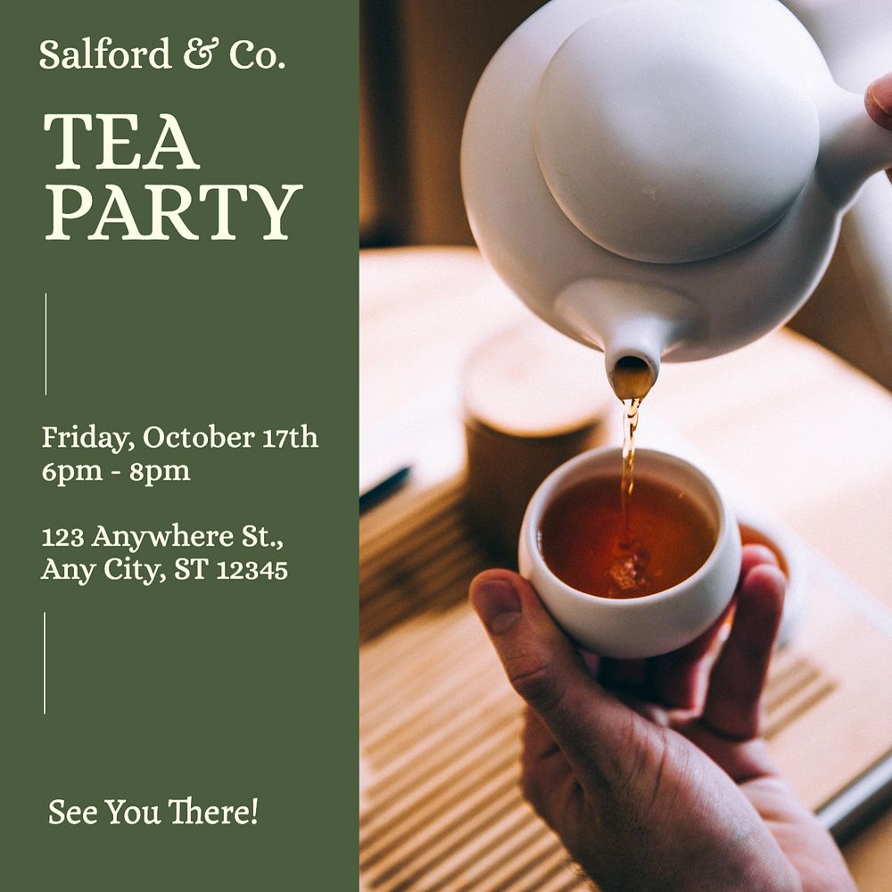 Tea party invitation Instagram post template, editable text