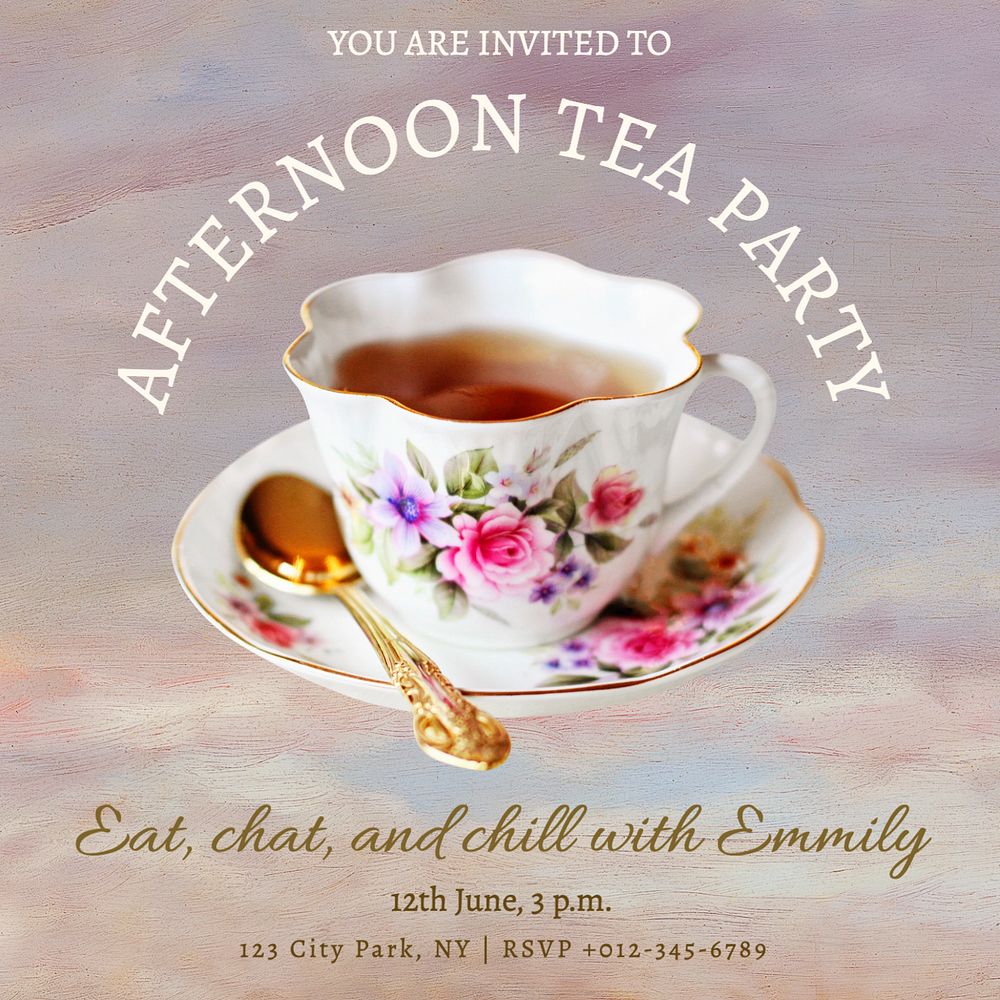 Tea party invitation Instagram post template, editable text