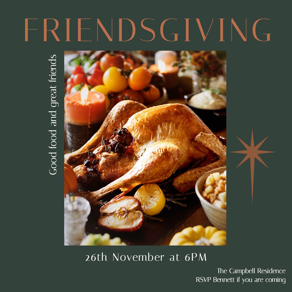 Friendsgiving party Instagram post template, editable text