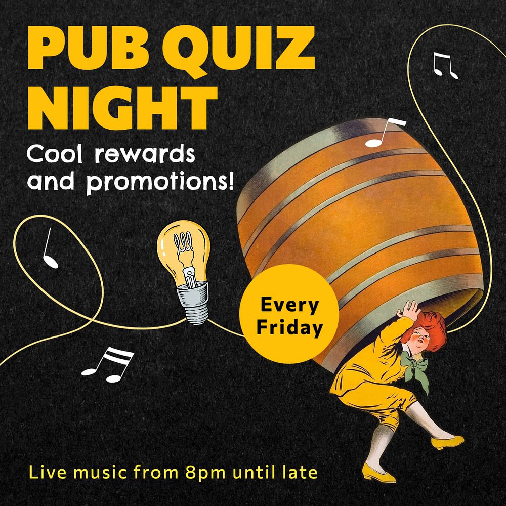 Pub quiz night Instagram post template, editable text