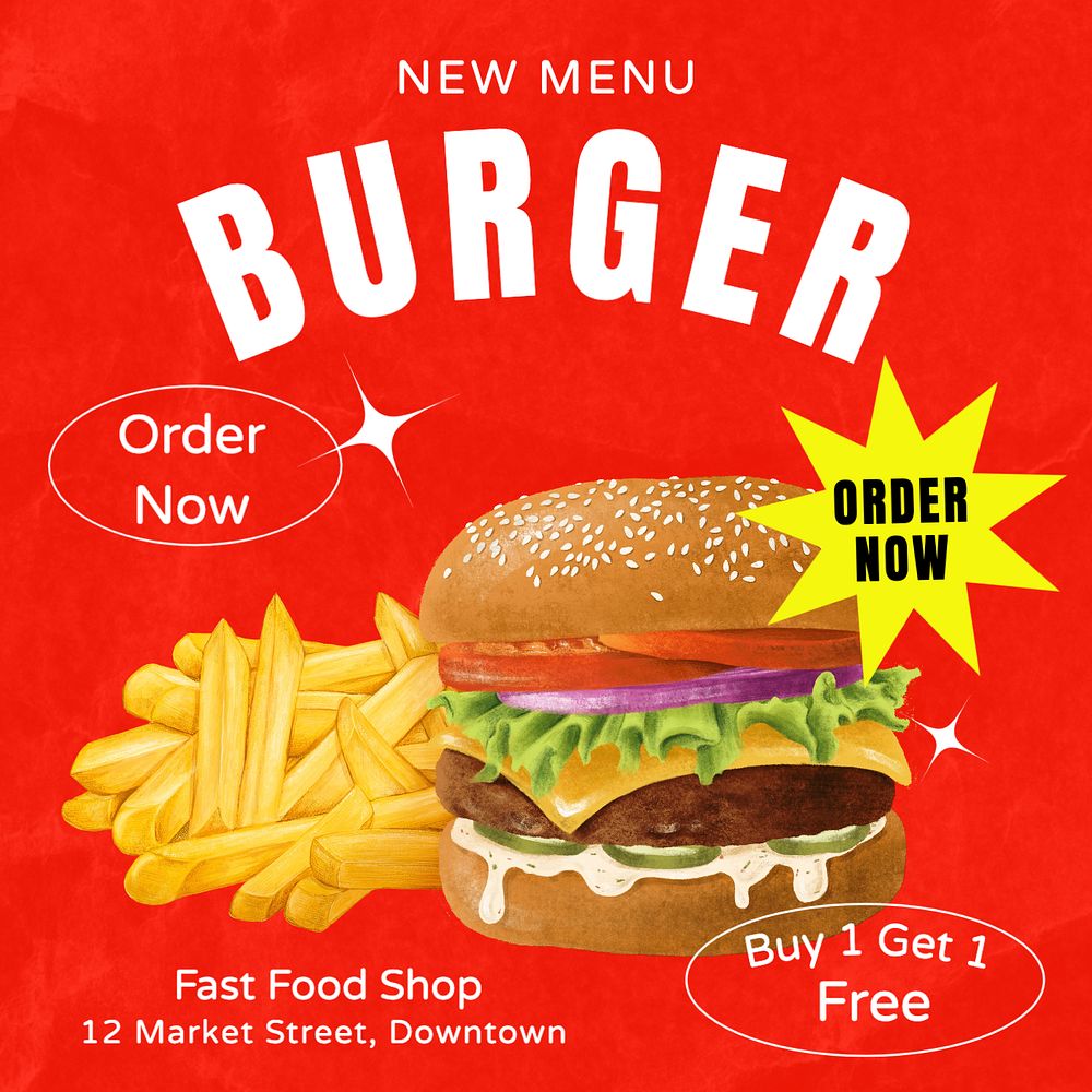 New menu, burger Instagram post template, editable text