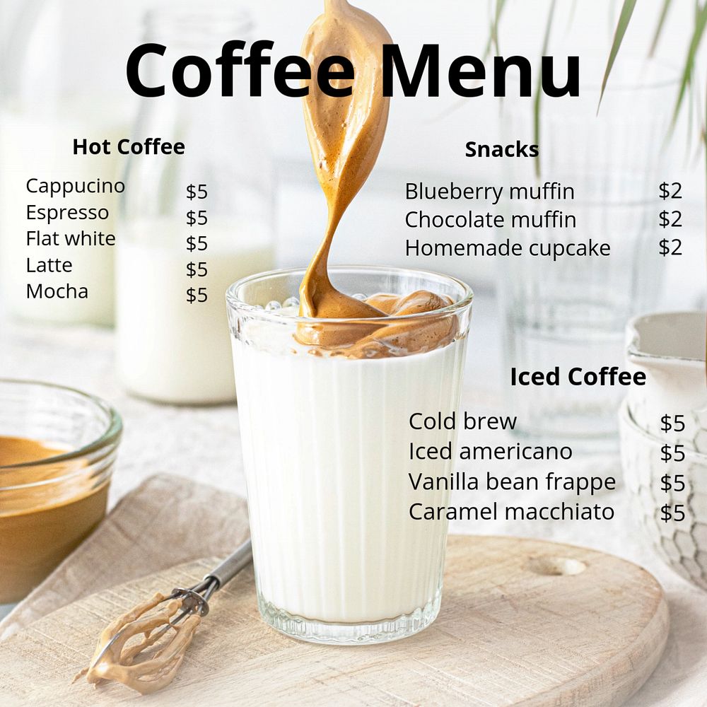 Coffee menu Instagram post template, editable text