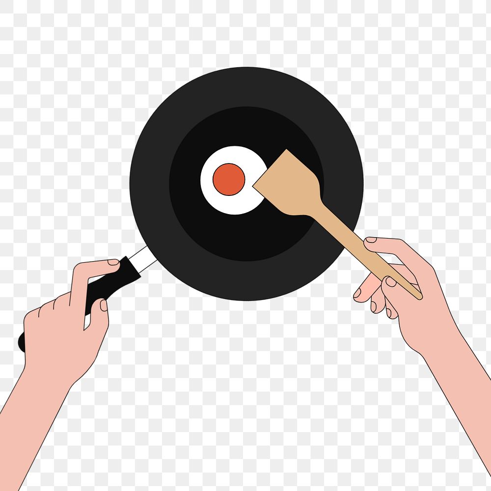 Hands frying pan with egg, food illustration, editable design