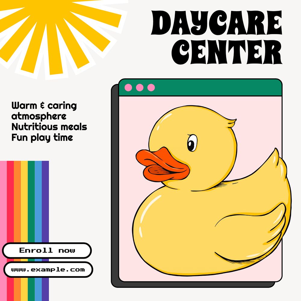 Rainbow butterfly daycare Instagram post template, editable text