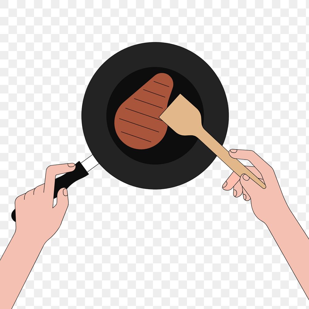 Hands frying pan with cooked steak, food illustration, editable design