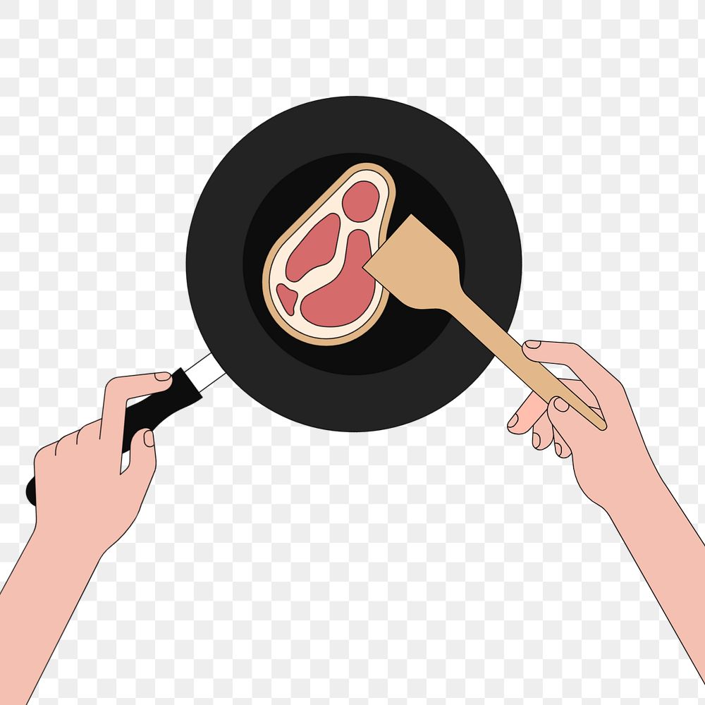 Hands frying pan with rare meat slice, food illustration, editable design