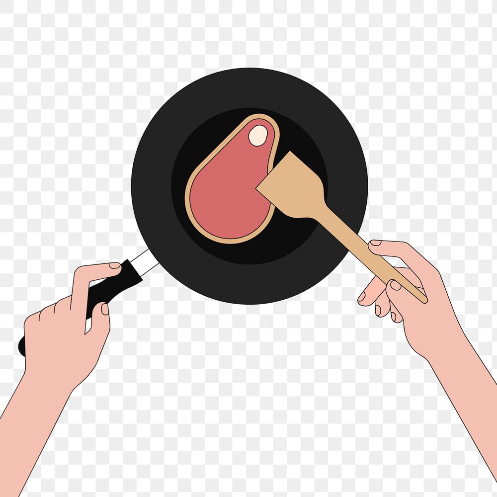 Hands frying pan with meat cut, food illustration, editable design