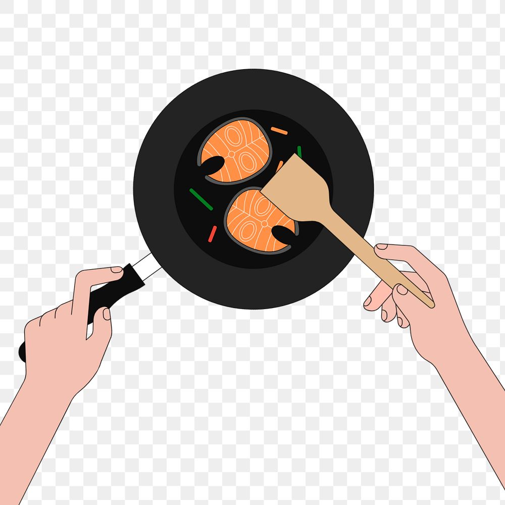 Hands frying pan with fish slices, food illustration, editable design