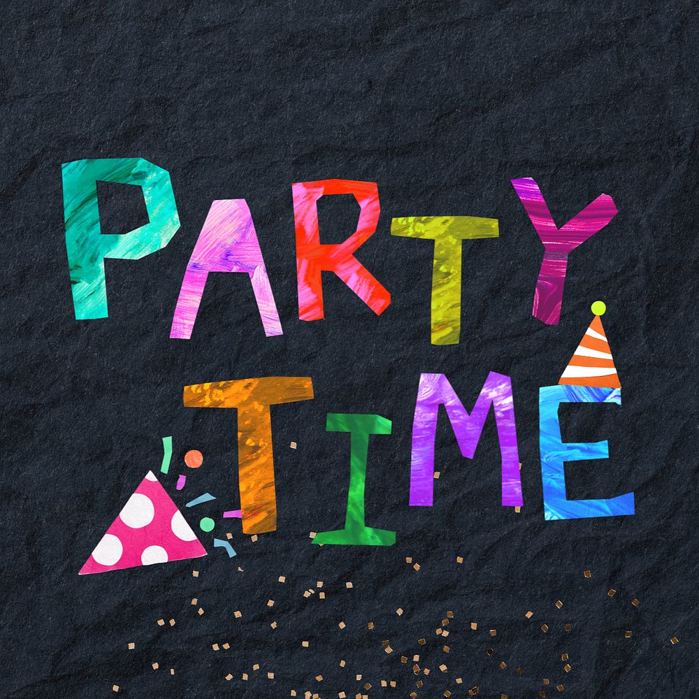 Party time word, paper craft collage, editable design