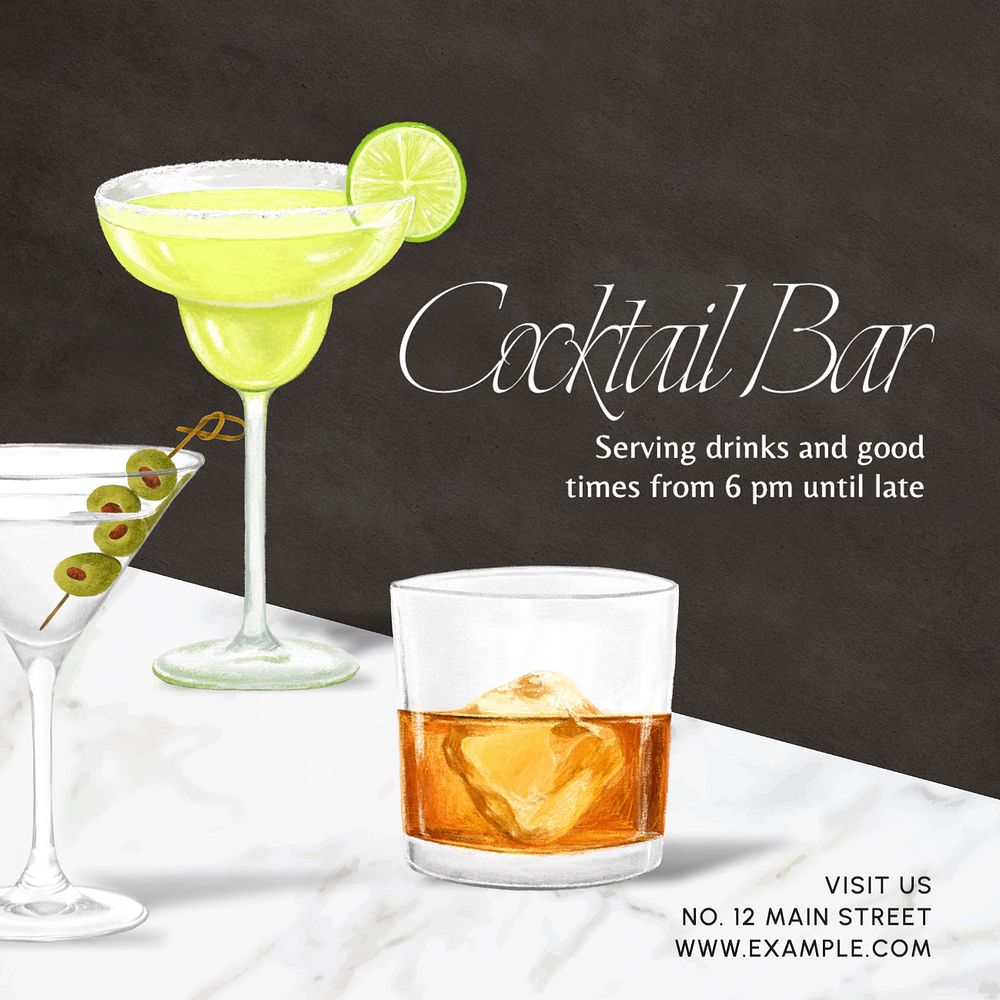 Cocktail bar  Instagram post template, editable text