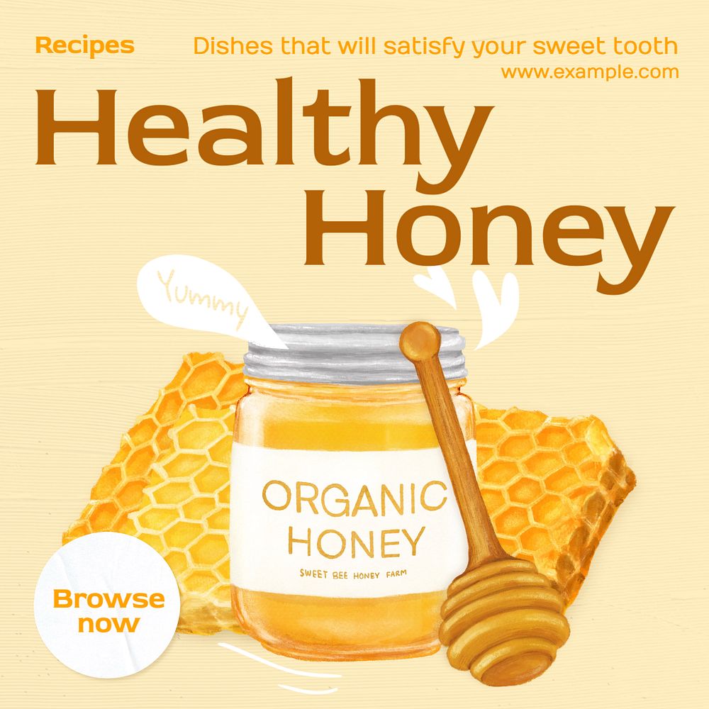 Honey recipes  Instagram post template, editable text