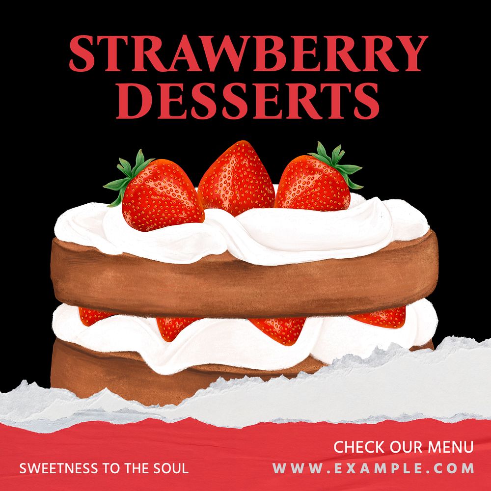 Strawberry desserts Instagram post template, editable text