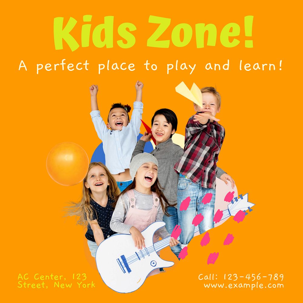 Kids zone Instagram post template, editable text