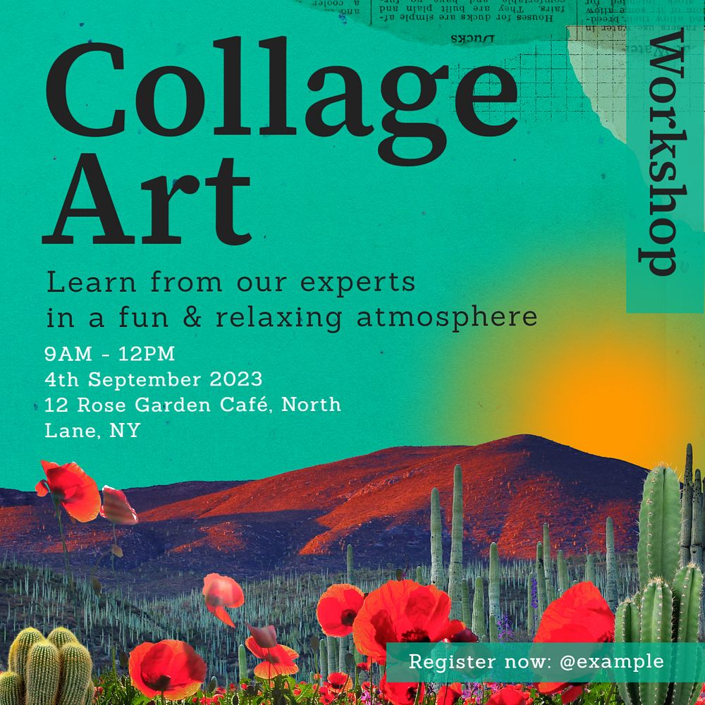 Collage art workshop Instagram post template, editable text