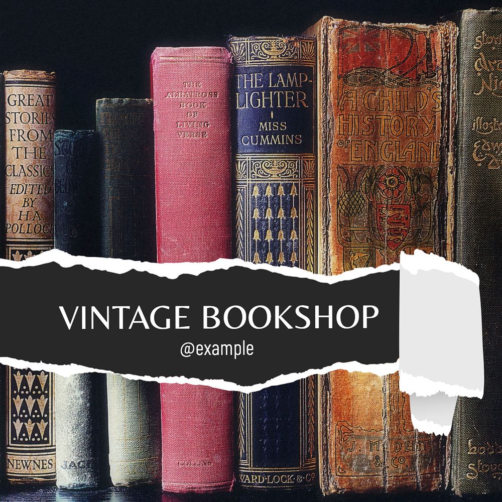 Vintage bookshop Instagram post template, editable text