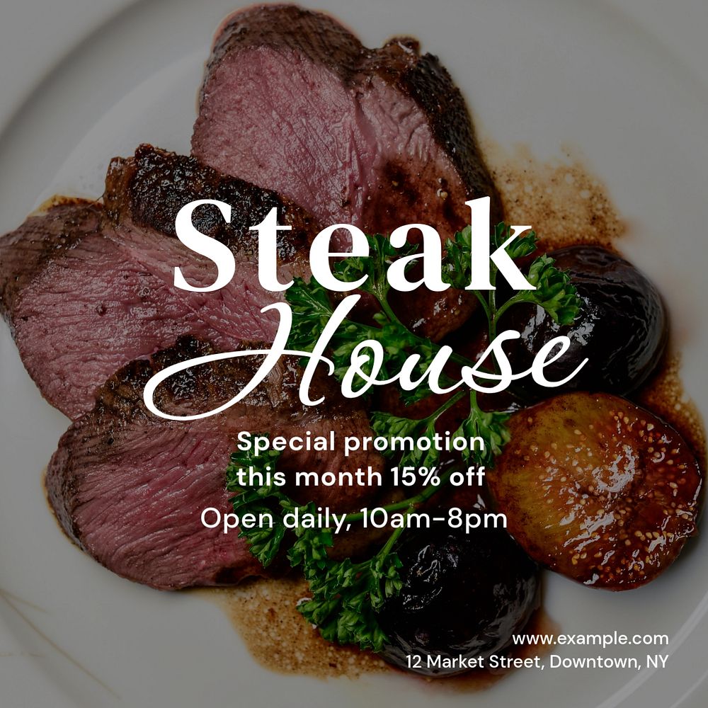 Steakhouse restaurant  Instagram post template, editable text