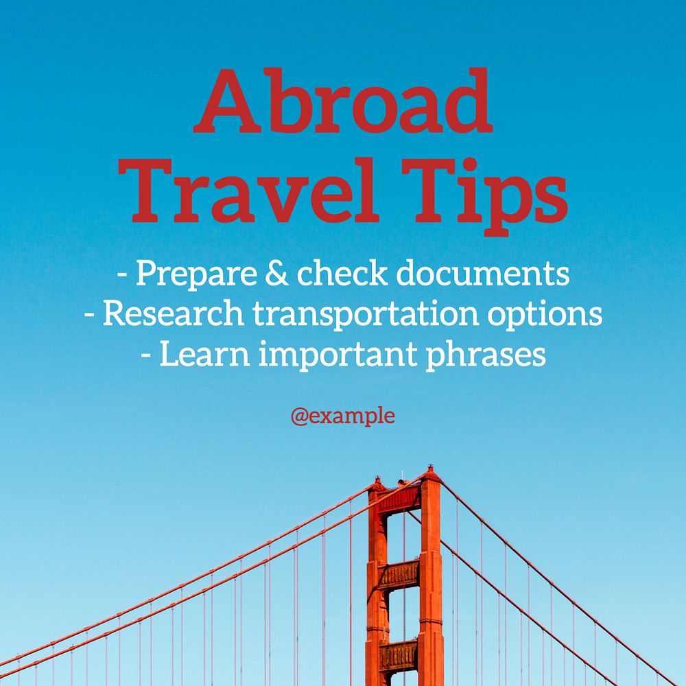 Abroad travel tips Instagram post template, editable text