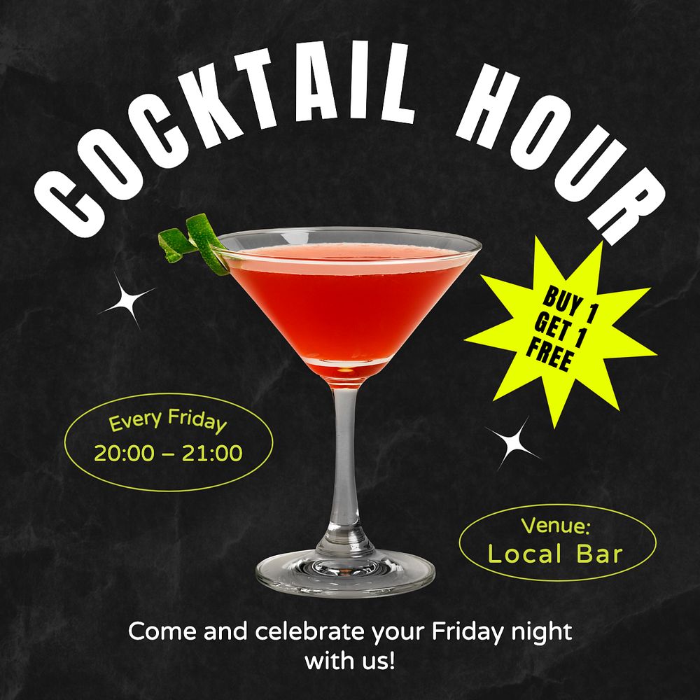 Cocktail hour Instagram post template, editable text