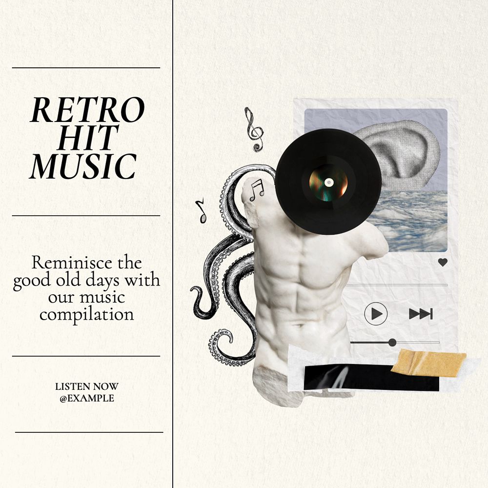 Retro music playlist Instagram post template, editable text