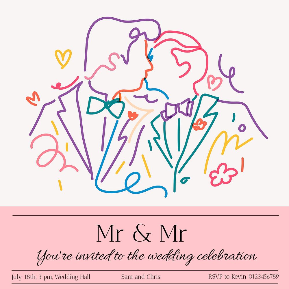 Gay wedding Instagram post template, editable text