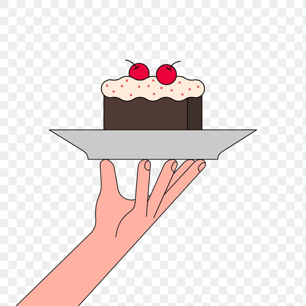 Hand serving chocolate cake, food illustration, editable design