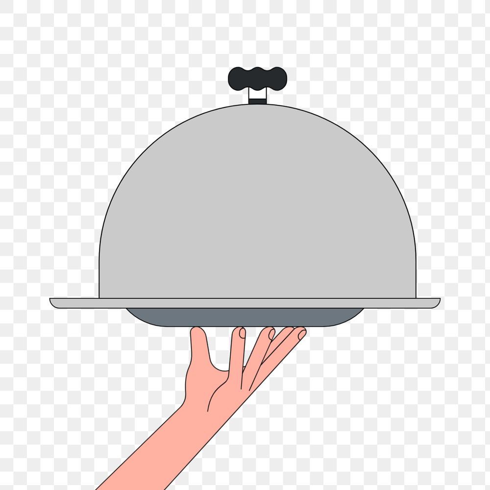 Hand holding cloche on tray, food illustration, editable design