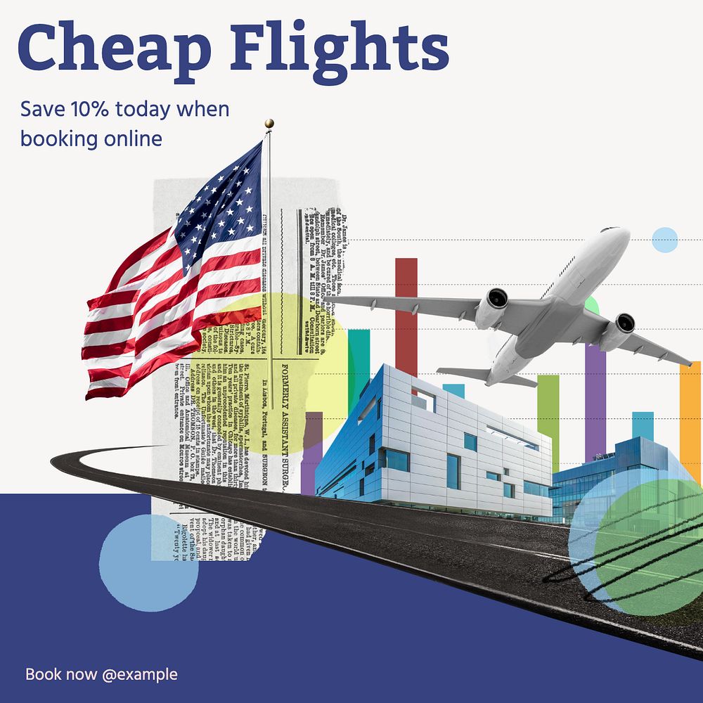 Cheap flights Instagram post template, editable text