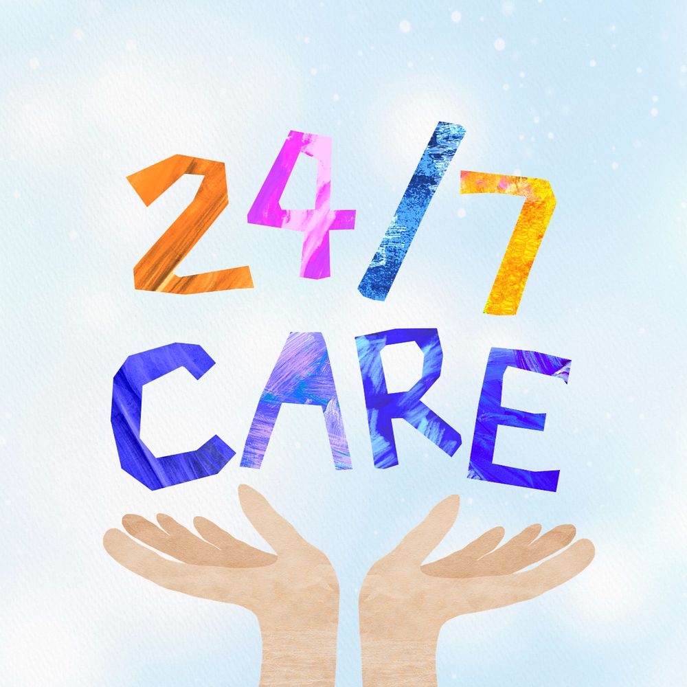 24/7 care word, paper craft collage, editable design